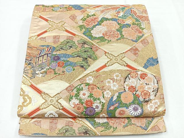 平和屋着物◎六通柄袋帯 天井扇面文 金糸 正絹 逸品 CABE5784nb
