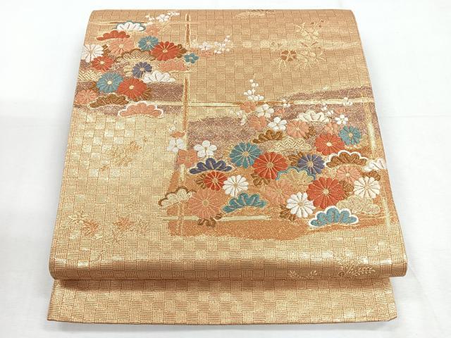平和屋着物◎六通柄袋帯 草花文 金糸 正絹 逸品 未使用 CABE5861nb