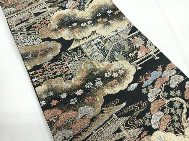 平和屋着物◎六通柄袋帯 人物風景文 黒地 金銀糸 正絹 逸品 CABE5902nb