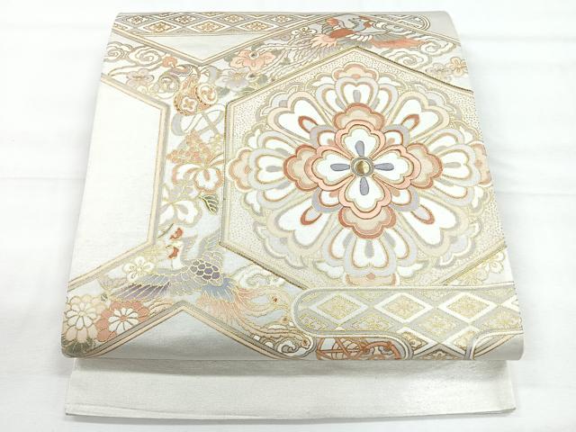 平和屋着物◎太鼓柄袋帯 刺繍 花鳥文 金彩 正絹 逸品 CABE5954nb