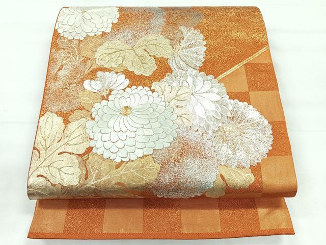 平和屋着物◎六通柄袋帯 駒刺繍 草花文 金彩 正絹 逸品 CABE5957nb