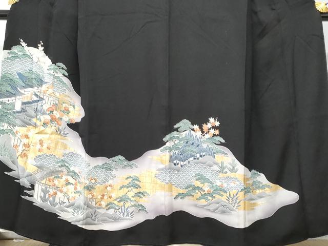 平和屋着物■豪華黒留袖 駒刺繍 風景花文 金彩 正絹 逸品 CABE6061fb