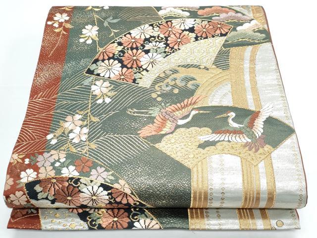 平和屋着物◎六通柄袋帯 唐織 地紙飛鶴花文 金銀糸 正絹 逸品 CABE6449th