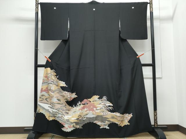平和屋着物■豪華黒留袖 駒刺繍 孔雀風景文 金彩 正絹 逸品 CABE6705th
