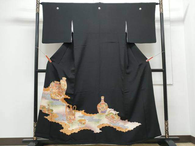 平和屋着物■豪華黒留袖 駒刺繍 陶器花文 金彩 正絹 逸品 CABE6708th