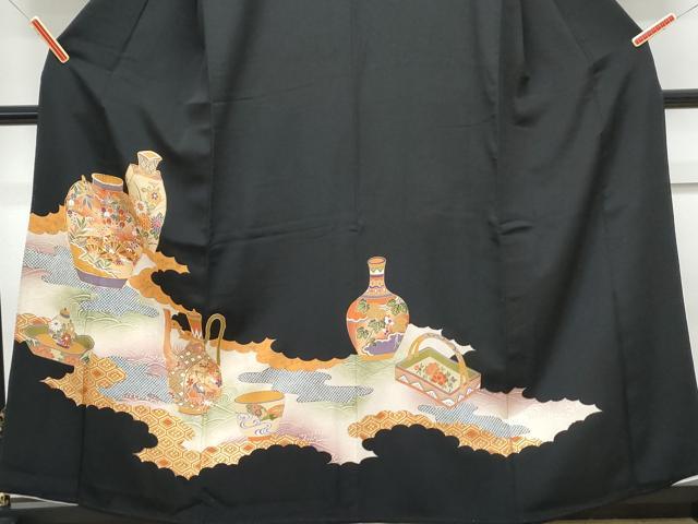 平和屋着物■豪華黒留袖 駒刺繍 陶器花文 金彩 正絹 逸品 CABE6708th