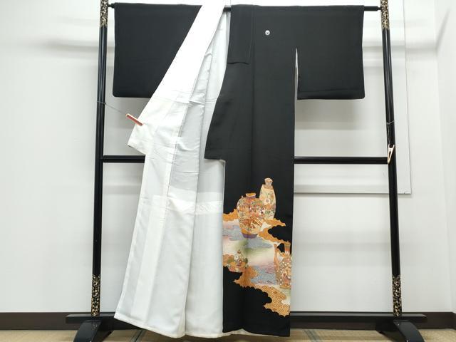 平和屋着物■豪華黒留袖 駒刺繍 陶器花文 金彩 正絹 逸品 CABE6708th