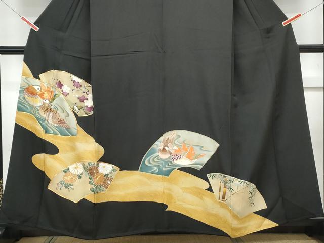 平和屋着物■豪華黒留袖 駒刺繍 地紙鴛鴦花文 金彩 正絹 逸品 CABE6709th