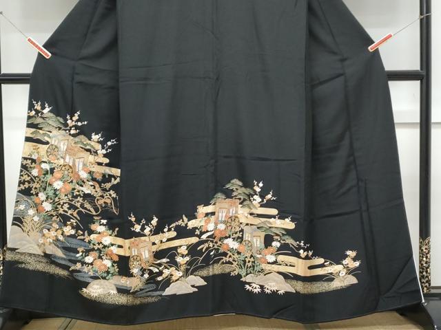 平和屋着物■豪華黒留袖 駒刺繍 御所車花文 金彩 正絹 逸品 CABE6711th