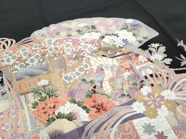 平和屋着物■豪華黒留袖 駒刺繍 御所車桧扇花文 金彩 正絹 逸品 CABE6712th