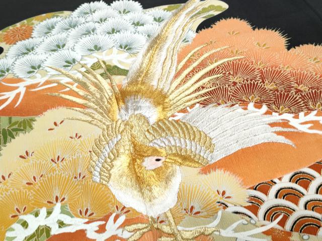 平和屋着物■豪華黒留袖 刺繍 尾長鳥花文 金彩 正絹 逸品 CABE6713th