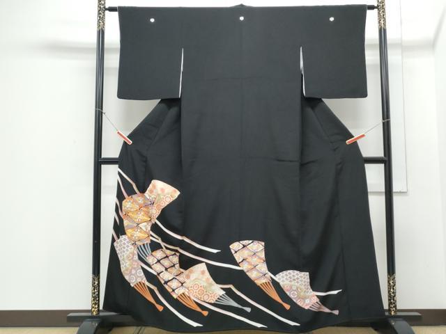 平和屋着物■豪華黒留袖 駒刺繍 扇面双鶴花文 金彩 正絹 逸品 CABE6772th