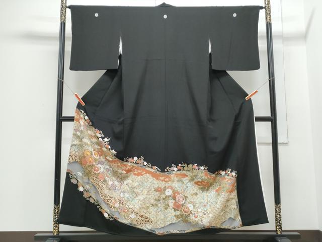 平和屋着物■豪華黒留袖 駒刺繍 流水草花文 金彩 正絹 逸品 CABE6790th