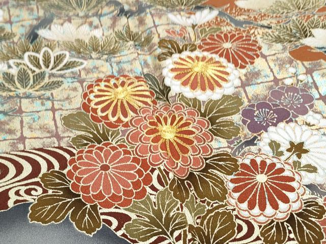 平和屋着物■豪華黒留袖 駒刺繍 流水草花文 金彩 正絹 逸品 CABE6790th