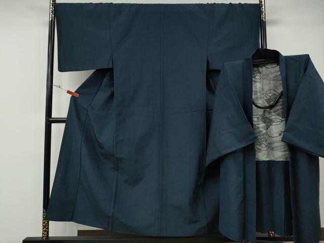 平和屋着物●男性 紬 アンサンブル 鉄御納戸色 正絹 逸品 CABE6860ut