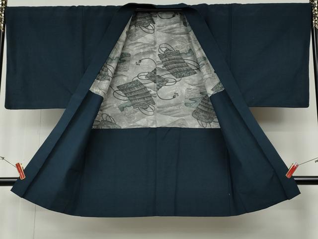 平和屋着物●男性 紬 アンサンブル 鉄御納戸色 正絹 逸品 CABE6860ut