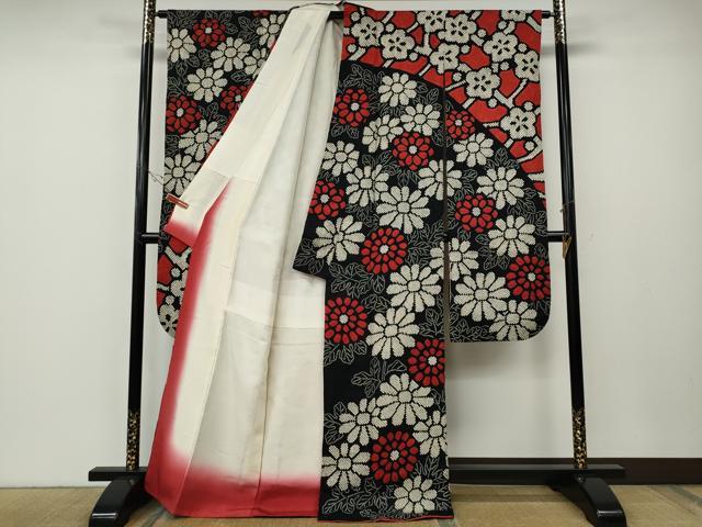 平和屋着物●豪華振袖 総絞り 舞花文 黒地 正絹 逸品 CABE6880ut