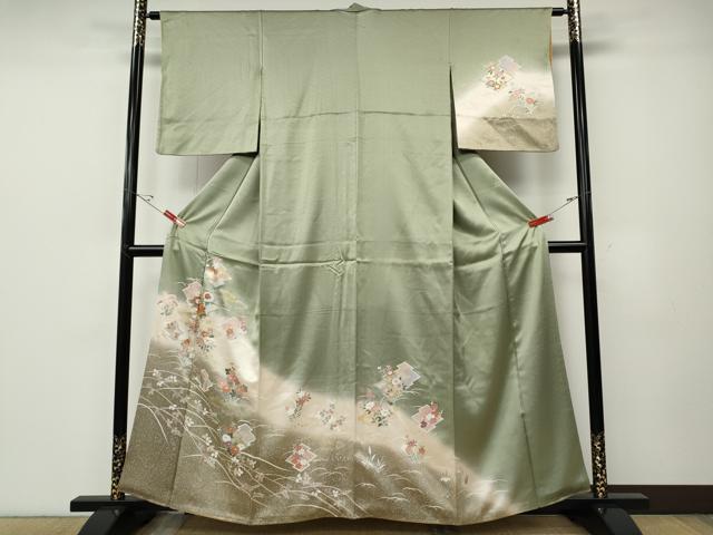 平和屋着物●訪問着 駒刺繍 松皮菱草花文 暈し染め 金銀彩 正絹 逸品 CABE6903ut