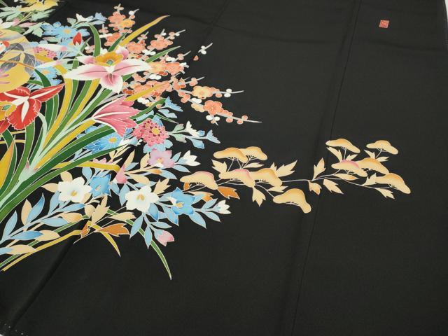 平和屋着物●本加賀友禅作家 直江良三 黒留袖 花鳥文 正絹 逸品 CABE6946ut