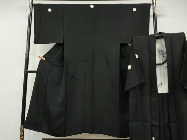 平和屋着物●男性 黒紋付 羽織セット 羽裏:一富士二鷹三茄子 正絹 逸品 CABE6956ut