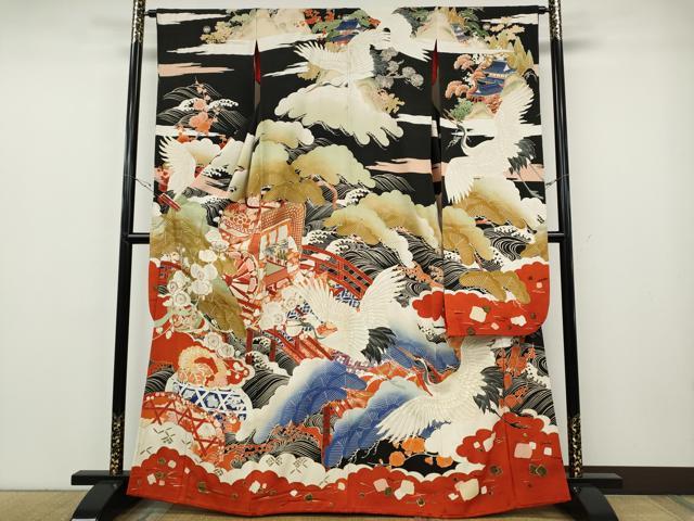 平和屋本店●アンティーク 大正ロマン 振袖 駒刺繍 御所車飛鶴吉祥花文 金彩 正絹 逸品 CABE6990ut