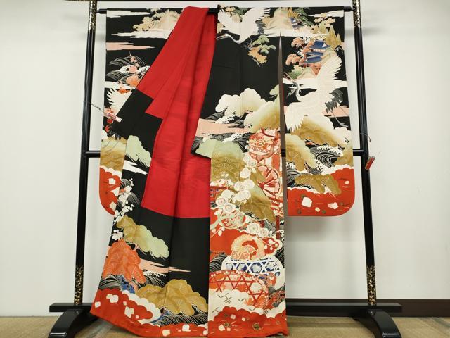 平和屋本店●アンティーク 大正ロマン 振袖 駒刺繍 御所車飛鶴吉祥花文 金彩 正絹 逸品 CABE6990ut