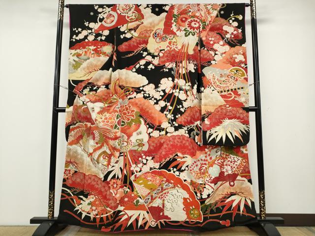 平和屋本店●アンティーク 大正ロマン 振袖 刺繍 檜扇鳳凰草花文 金彩 正絹 逸品 CABE6991ut