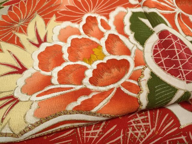 平和屋本店●アンティーク 大正ロマン 振袖 刺繍 檜扇鳳凰草花文 金彩 正絹 逸品 CABE6991ut