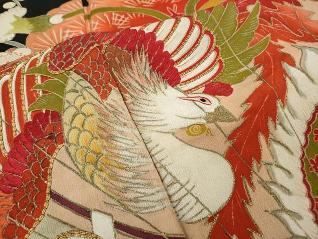 平和屋本店●アンティーク 大正ロマン 振袖 刺繍 檜扇鳳凰草花文 金彩 正絹 逸品 CABE6991ut