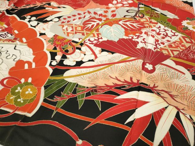 平和屋本店●アンティーク 大正ロマン 振袖 刺繍 檜扇鳳凰草花文 金彩 正絹 逸品 CABE6991ut