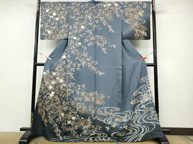 平和屋着物○訪問着 駒刺繍 流水舞蝶草花文 金通し地