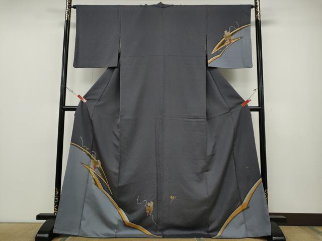 平和屋着物●染色工房 水九木 訪問着 葡萄蔦の葉文 銀通し地 ロング丈 正絹 逸品 CABE7010ut