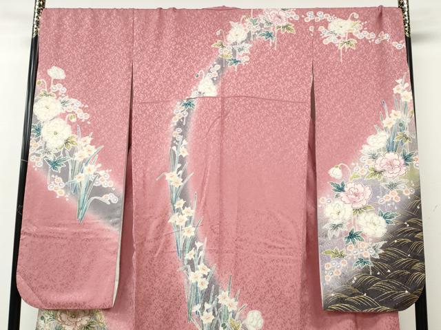 平和屋着物●吉澤友禅 豪華振袖・長襦袢セット 駒刺繍 草花尽くし 暈し染め 金通し地 正絹 逸品 CABE7038ut