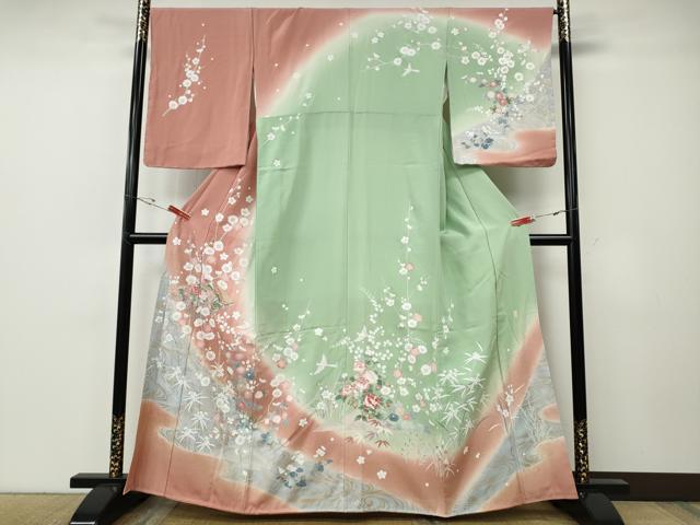 平和屋着物●訪問着 作家物 扇面飛鳥流水草花文 暈し染め 金彩 正絹 逸品 CABE7054ut