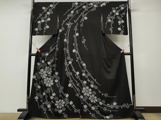 平和屋着物●訪問着 総絞り 枝花文 黒地 正絹 逸品 CABE7057ut