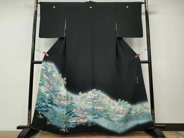 平和屋着物●豪華黒留袖 友禅 作家物 風景草花文 暈し染め 正絹 逸品 CABE7081ut
