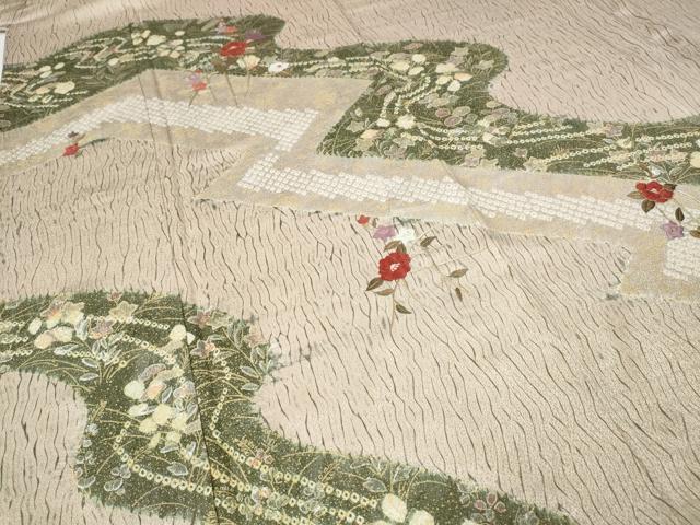 平和屋着物●訪問着 刺繍 杢目絞り 道長草花文 金彩 正絹 逸品 CABE7094ut