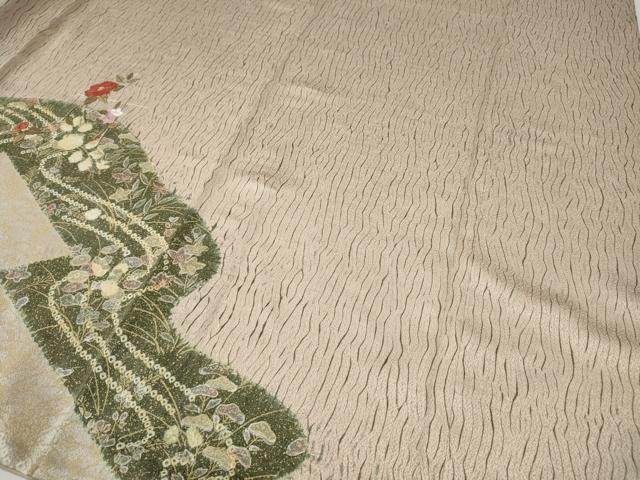 平和屋着物●訪問着 刺繍 杢目絞り 道長草花文 金彩 正絹 逸品 CABE7094ut