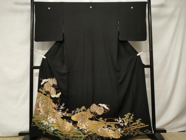 平和屋着物■豪華黒留袖 駒刺繍 鼓 御所車飛鶴文 暈し染め 金銀彩 正絹 逸品 CABE7621ev