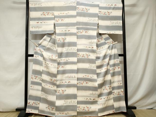 平和屋着物■上質な小紋 ふくれ織 横段草花文 暈し染め 金彩 正絹 逸品 CABE7672ev