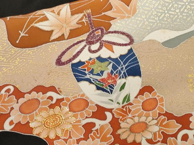 平和屋着物■豪華黒留袖 駒刺繍 仕覆 茶器花文 金彩 正絹 逸品 CABE7853ev