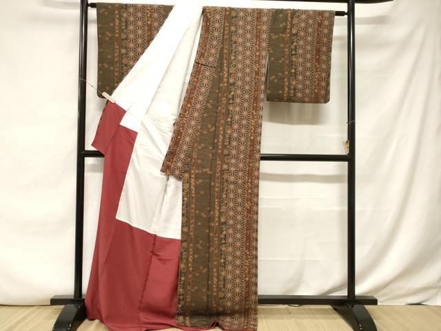平和屋着物■小紋 麻の葉流水花丸間道 ロング丈 洗える着物 CABE7974ev
