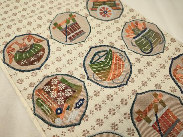 平和屋着物◎太鼓柄袋帯 器物文 銀糸 正絹 逸品 CABE8258oy