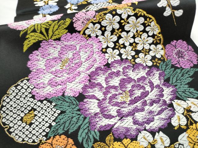 平和屋着物●六通柄袋帯 唐織 雪輪舞花文 黒地 金糸 正絹 逸品 CABE8503hy
