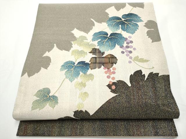 平和屋着物●両面　太鼓柄袋帯　すくい織　葡萄蔦の葉文　金糸　やまと誂製　正絹　逸品　CABE8513hy 平和屋着物○両面 太鼓柄袋帯 すくい織 葡萄蔦の葉文 金糸