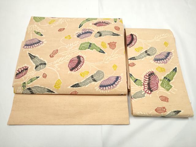 平和屋着物●つけ帯 紬地 型染め 更紗花唐草文 正絹 逸品 CABE8585hy