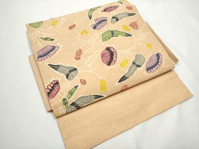 平和屋着物●つけ帯 紬地 型染め 更紗花唐草文 正絹 逸品 CABE8585hy