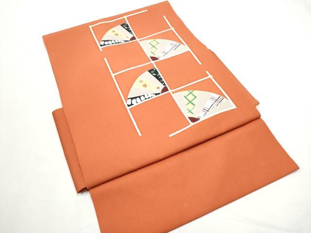 平和屋着物●塩瀬 つけ帯 刺繍 扇面花文 金彩 正絹 逸品 CABE8589hy