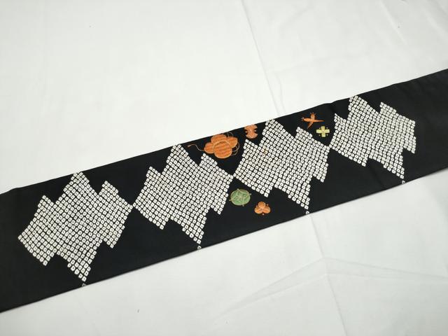 平和屋着物●九寸名古屋帯 唐織 駒刺繍 宝尽くし文 黒地 正絹 逸品 CABE8644hy