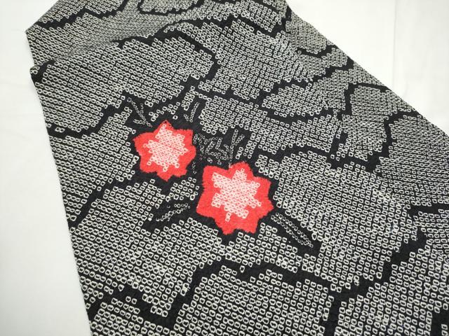 平和屋着物●名門 藤娘きぬたや・総絞り 九寸名古屋帯 枝花文 黒地 正絹 逸品 CABE8646hy